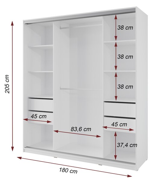 Šatníková skriňa NEJBY BARNABA 180 cm s posuvnými dverami, 4 šuplíky a 2 šatníkovými tyčami, biela