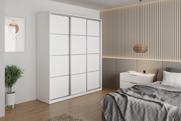 Šatníková skriňa NEJBY BARNABA 180 cm s posuvnými dverami, 4 šuplíky a 2 šatníkovými tyčami, biela