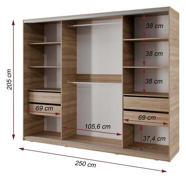 Šatníková skriňa NEJBY BARNABA 250 cm s posuvnými dverami, 4 šuplíky a 2 šatníkovými tyčami, dub sonoma