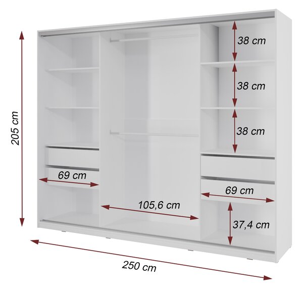 Šatníková skriňa NEJBY BARNABA 250 cm s posuvnými dverami, 4 šuplíky a 2 šatníkovými tyčami, biela