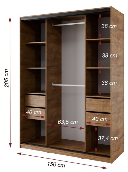 Šatníková skriňa NEJBY BARNABA 150 cm s posuvnými dverami, zrkadlom, 4 šuplíky a 2 šatníkovými tyčami, dub lefkas