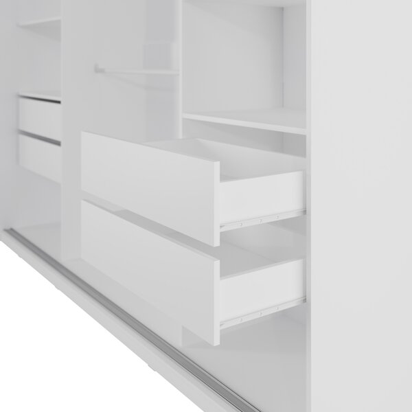 Šatníková skriňa NEJBY BARNABA 250 cm s posuvnými dverami, 4 šuplíky a 2 šatníkovými tyčami, biela
