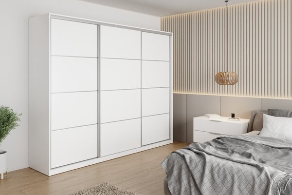 Šatníková skriňa NEJBY BARNABA 250 cm s posuvnými dverami, 4 šuplíky a 2 šatníkovými tyčami, biela