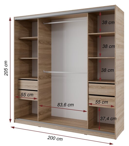 Šatníková skriňa NEJBY BARNABA 200 cm s posuvnými dverami, 4 šuplíky a 2 šatníkovými tyčami, dub sonoma