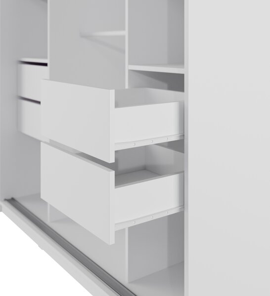 Šatníková skriňa NEJBY BARNABA 150 cm s posuvnými dverami, 4 šuplíky a 2 šatníkovými tyčami, biela