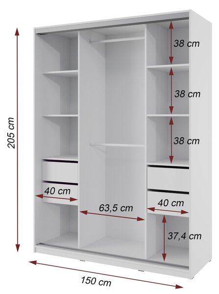 Šatníková skriňa NEJBY BARNABA 150 cm s posuvnými dverami, 4 šuplíky a 2 šatníkovými tyčami, biela