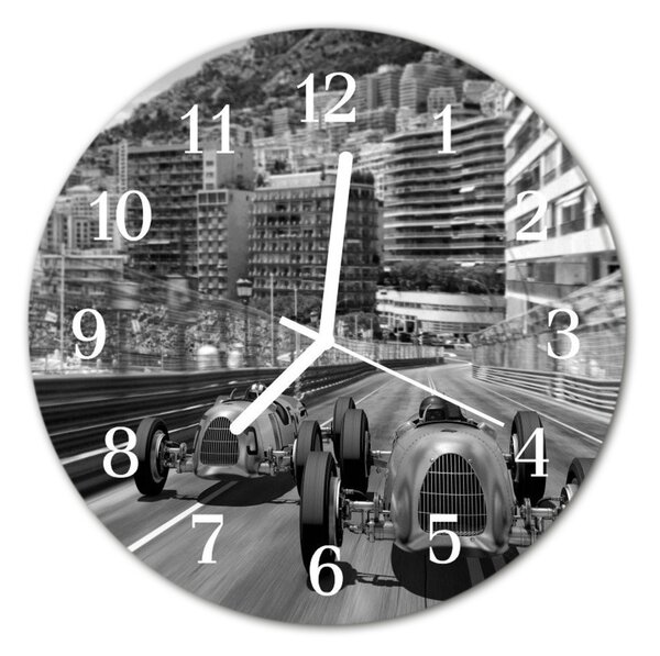 Nástenné sklenené hodiny Závodné autá fi 30 cm