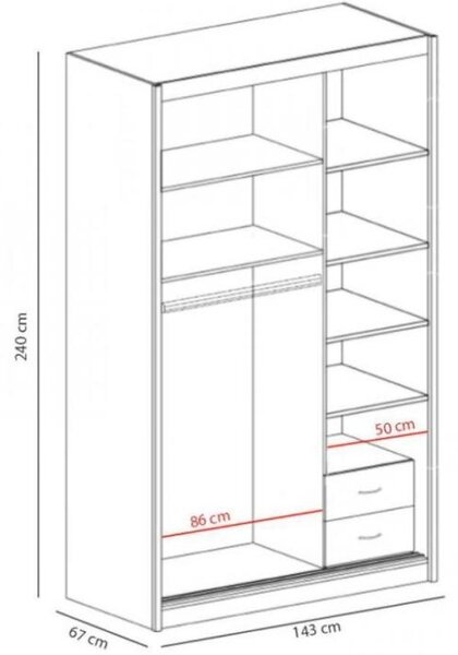 Šatníková skriňa 143 cm s posuvnými dverami a zrkadlom ANICA - alpská biela