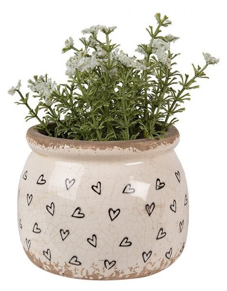 Béžový keramický obal na kvetináč so srdiečkami Hearti S - Ø 12*10 cm - Clayre & Eef