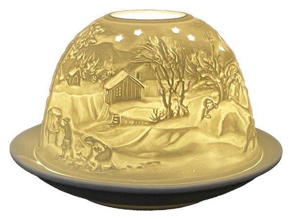 Biely porcelánový svietnik na čajovú sviečku s vianočnou dedinkou Paollo - Ø 12 * 8 cm - Clayre & Eef