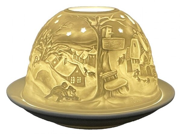 Biely porcelánový svietnik na čajovú sviečku s vianočnou dedinkou Paollo - Ø 12 * 8 cm - Clayre & Eef