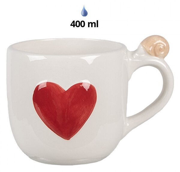 Biely hrnček so srdiečkom a viečkom s hubami - 14*10*9 /15 cm / 400 ml - Clayre & Eef