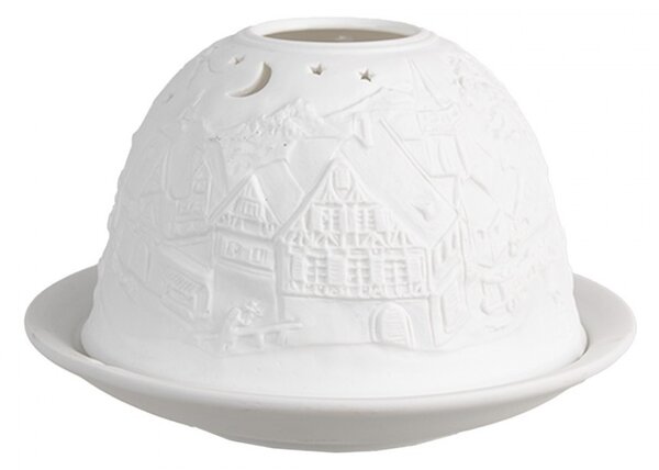 Biely porcelánový svietnik na čajovú sviečku s vianočnou dedinkou Paollo - Ø 12 * 8 cm - Clayre & Eef