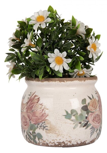 Béžový keramický kvetináč s kvetmi Protea Eucalypt S - Ø 12*10 cm - Clayre & Eef