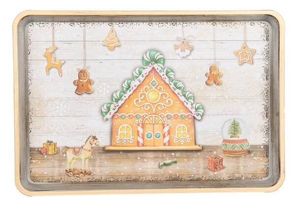 Podnos s perníkovou chalúpkou a perníčkami Gingerbread - 32*22*2 cm - Clayre & Eef