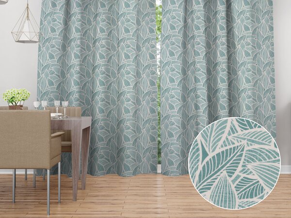 Biante Dekoračný záves Leona LN-166 Biele listy na modrozelenom 130x140 cm