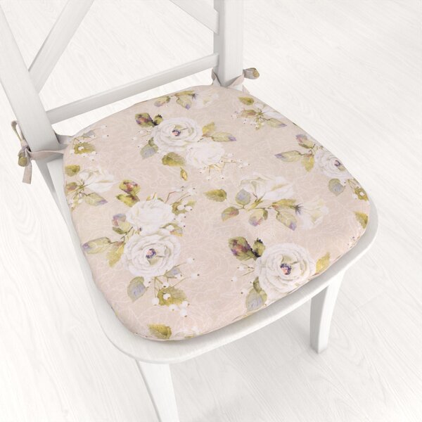 Biante Oblý podsedák PML-059 Biele ruže s perokresbou na béžovom - 39x37x3 cm