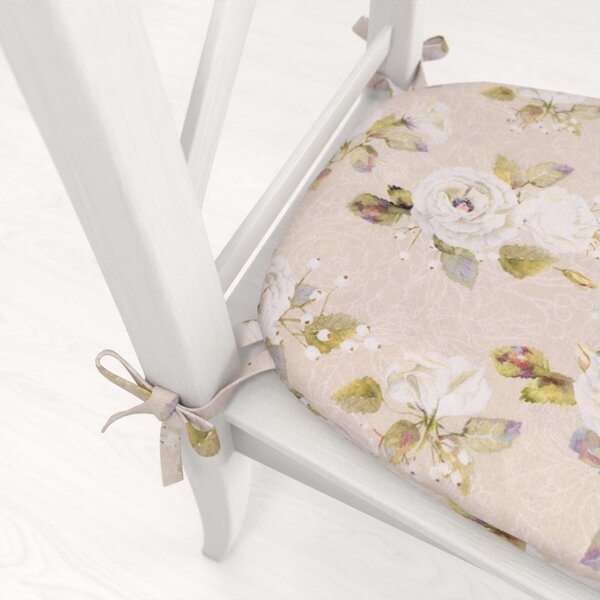 Biante Oblý podsedák PML-059 Biele ruže s perokresbou na béžovom - 39x37x3 cm