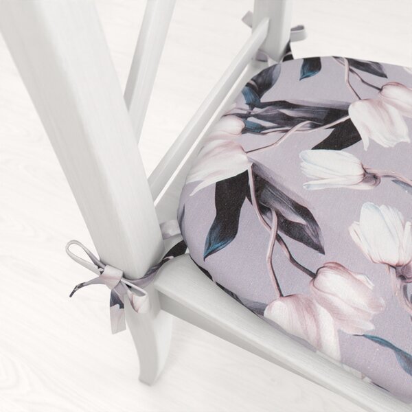 Biante Oblý podsedák PML-034 Biele tulipány na sivom - 39x37x3 cm