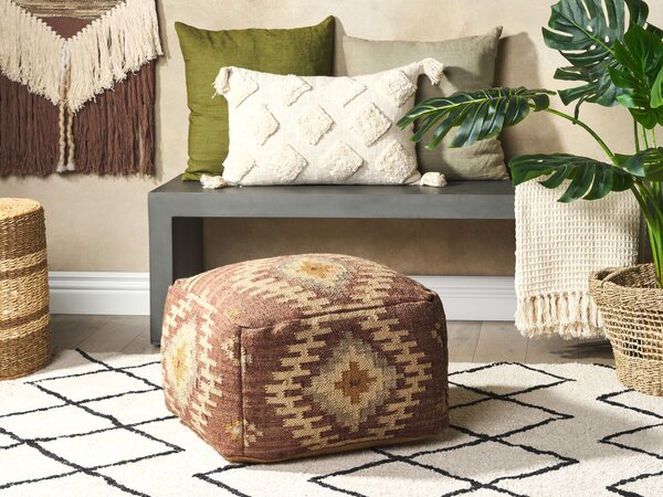 Puf taburetka viacfarebná z juty a bavlny 50 x 50 x 30 cm geometrický vzor ručne vyrobená boho štvorcová s výplňou