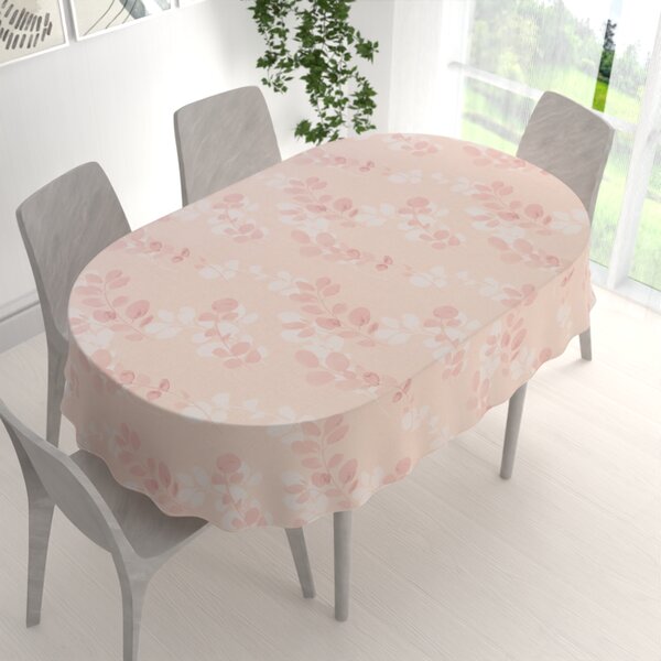 Biante Bavlnený oválny obrus Sandra SA-682 Eukalyptové listy na pastelovo ružovom 50x100 cm