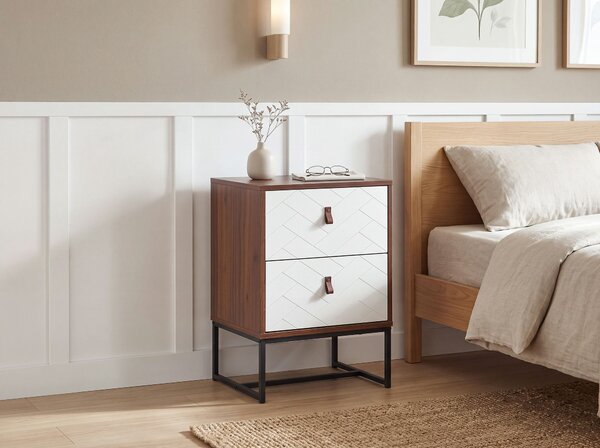 Nočný stolík tmavé drevo biela MDF kov 69 x 49 x 38 cm 2 zásuvky úložný priestor moderný štýl spálňa