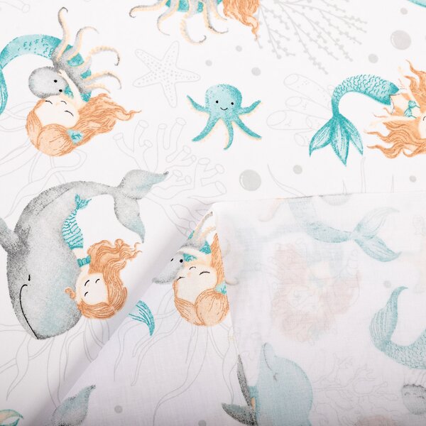 Detská bavlnená látka/plátno Sandra SA-691 Modrozelené morské panny s delfínmi a veľrybami na bielom - šírka 160 cm