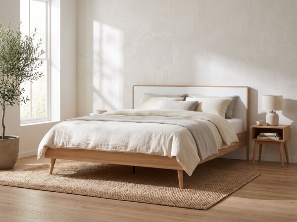 Posteľ svetlé drevo biela MDF 180 x 200 cm lamelový rošt s čelom moderný škandinávsky štýl spálňa
