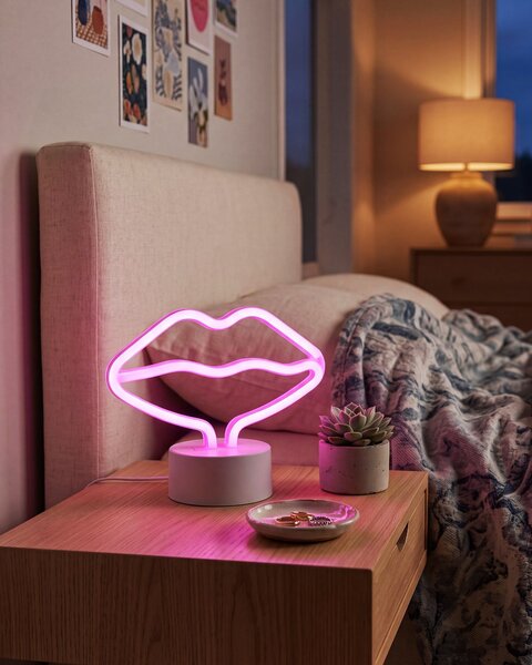 Neónová LED svietiaca dekorácia v tvare pier ružová PVC materiál dekoratívne svietidlo na batérie