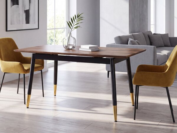 Rozkladací jedálenský stôl tmavé drevo čierna zlatá MDF kov 160/200 x 90 cm obdĺžnikový tvar pre 8 osôb moderný štýl kuchyňa jedáleň