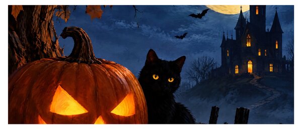 Obraz - Čierna mačka pri svietiacej tekvici na Halloween (120x50 cm)