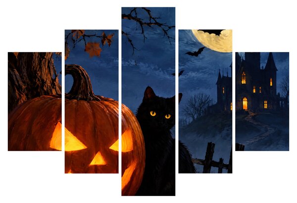 XXL Obraz - Čierna mačka pri svietiacej tekvici na Halloween (150x105 cm)