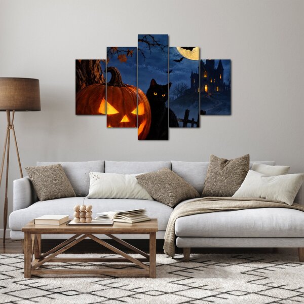 XXL Obraz - Čierna mačka pri svietiacej tekvici na Halloween (150x105 cm)
