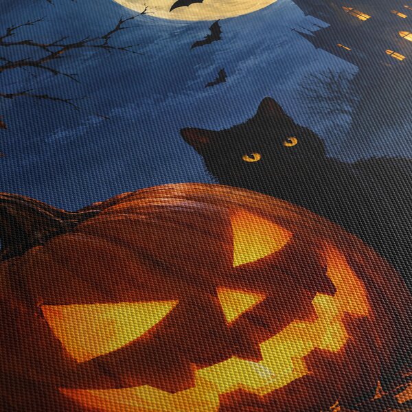 Obraz - Čierna mačka pri svietiacej tekvici na Halloween (90x60 cm)