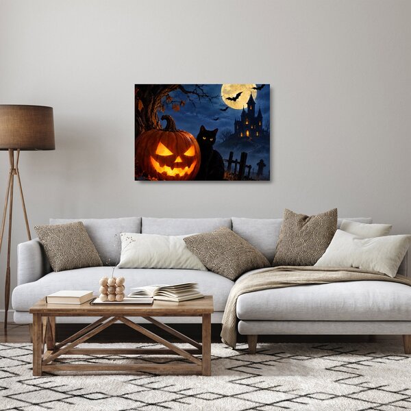 Sklenený obraz - Čierna mačka pri svietiacej tekvici na Halloween (70x50 cm)
