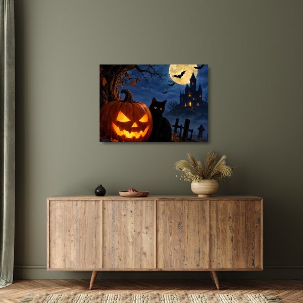 Sklenený obraz - Čierna mačka pri svietiacej tekvici na Halloween (70x50 cm)