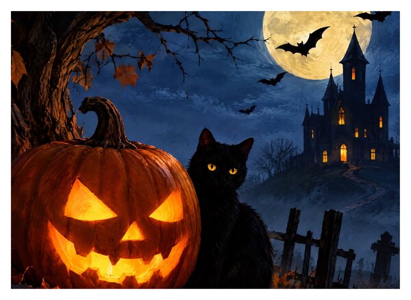 Obraz - Čierna mačka pri svietiacej tekvici na Halloween (70x50 cm)