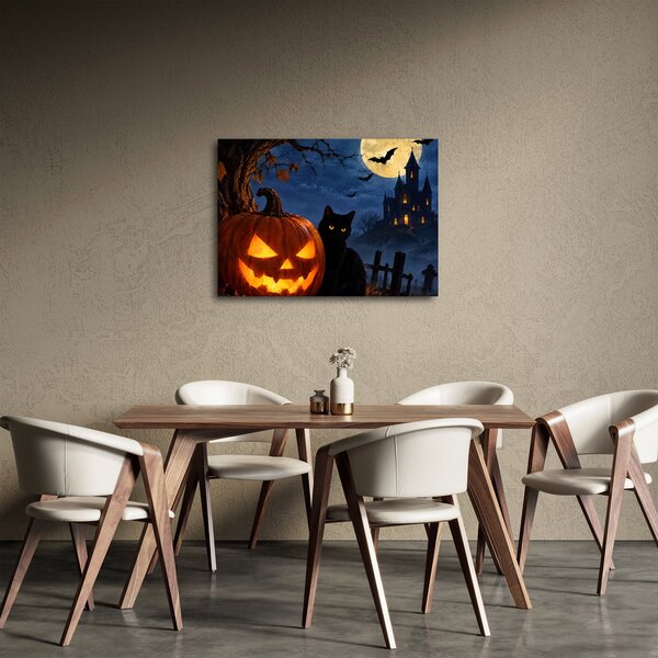Obraz - Čierna mačka pri svietiacej tekvici na Halloween (70x50 cm)