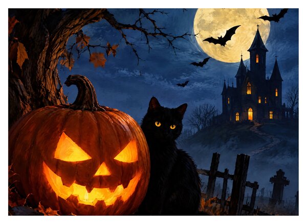 Sklenený obraz - Čierna mačka pri svietiacej tekvici na Halloween (70x50 cm)