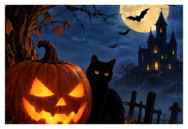 Obraz - Čierna mačka pri svietiacej tekvici na Halloween (90x60 cm)