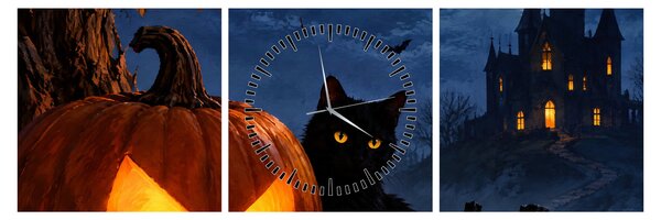 Obraz - Čierna mačka pri svietiacej tekvici na Halloween (s hodinami) (90x30 cm)