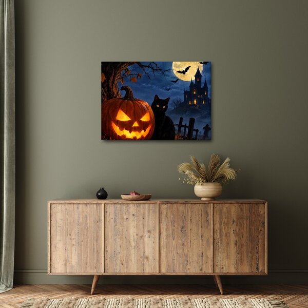 Obraz - Čierna mačka pri svietiacej tekvici na Halloween (70x50 cm)