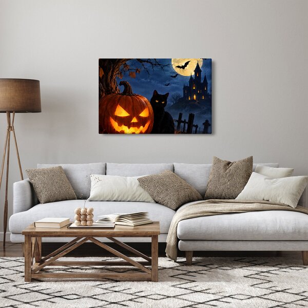 Obraz - Čierna mačka pri svietiacej tekvici na Halloween (90x60 cm)