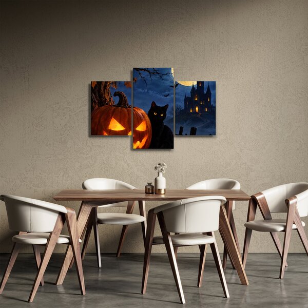 Obraz - Čierna mačka pri svietiacej tekvici na Halloween (90x60 cm)