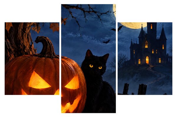 Obraz - Čierna mačka pri svietiacej tekvici na Halloween (90x60 cm)