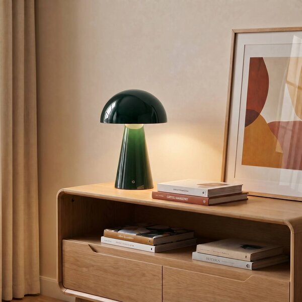 Lindby LED dobíjacia stolná lampa Nevijo, zelená, Ø20 cm, USB, stmievač, Zelená, Obývacia izba / jedáleň, kov, Moderný, Stojacie svietidlo