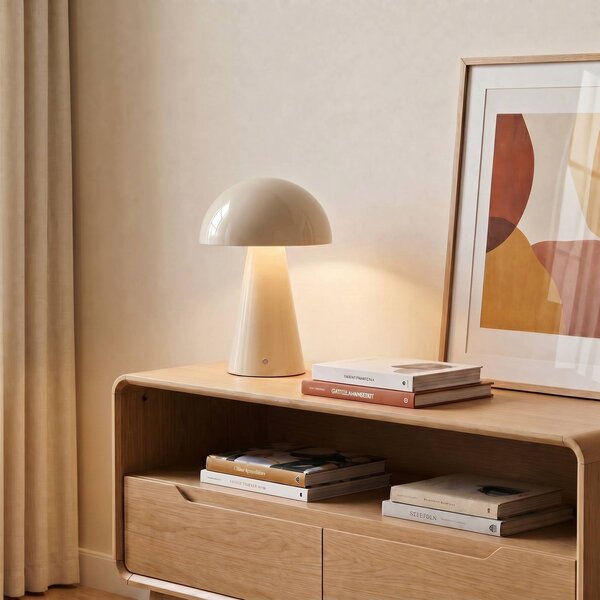 Lindby LED dobíjacia stolová lampa Nevijo, béžová, Ø20cm, USB, stmievač, Krémová / jantárovo žltá, Obývacia izba / jedáleň, kov, Moderný, Stojacie svietidlo