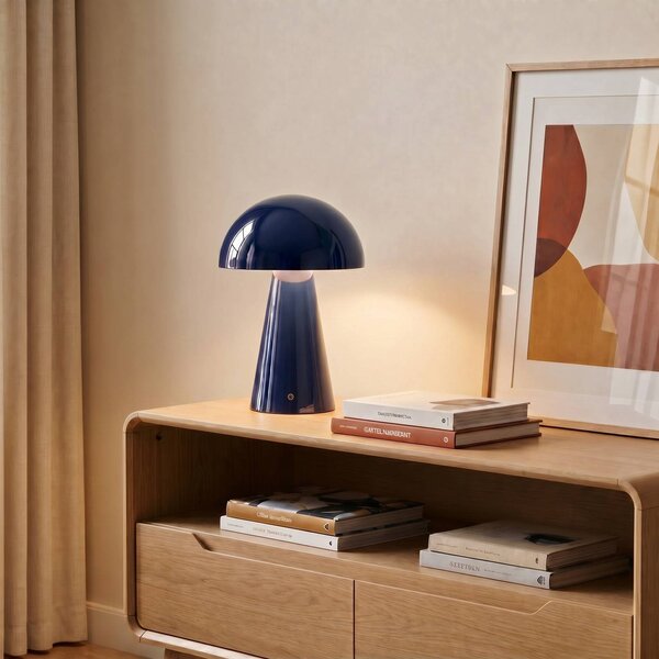 Lindby LED dobíjacia stolná lampa Nevijo, modrá, Ø20cm, USB, stmievač, Modrá, Obývacia izba / jedáleň, kov, Moderný, Stojacie svietidlo