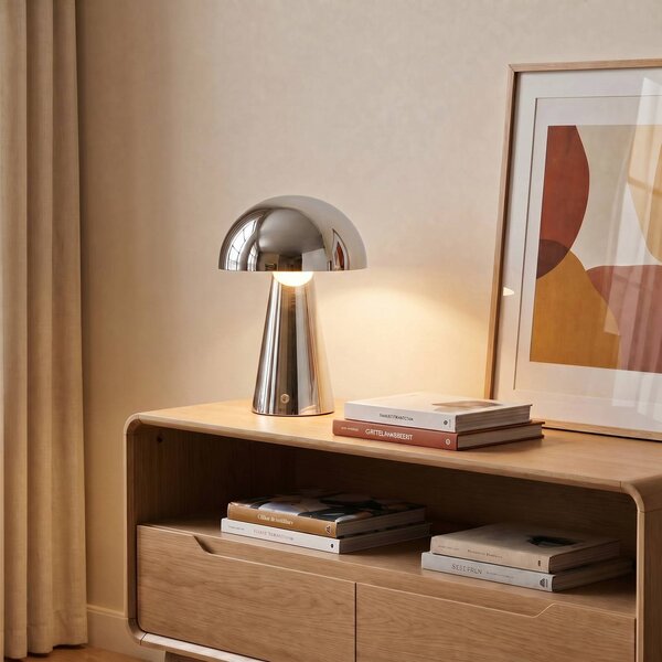 Lindby LED stolná lampa Nevijo, chróm, Ø20cm, USB, stmievač, Chrómová / strieborná, Obývacia izba / jedáleň, kov, Moderný, Stojacie svietidlo