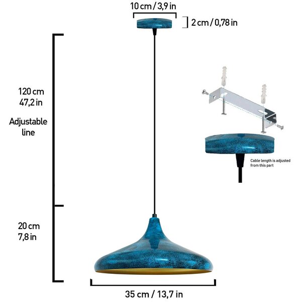 ROYALTECH Claus závesné svetlo, modrá/zlatá, Ø 35 cm, kov, E27, Obývacia izba / jedáleň, kov, Závesné svietidlo